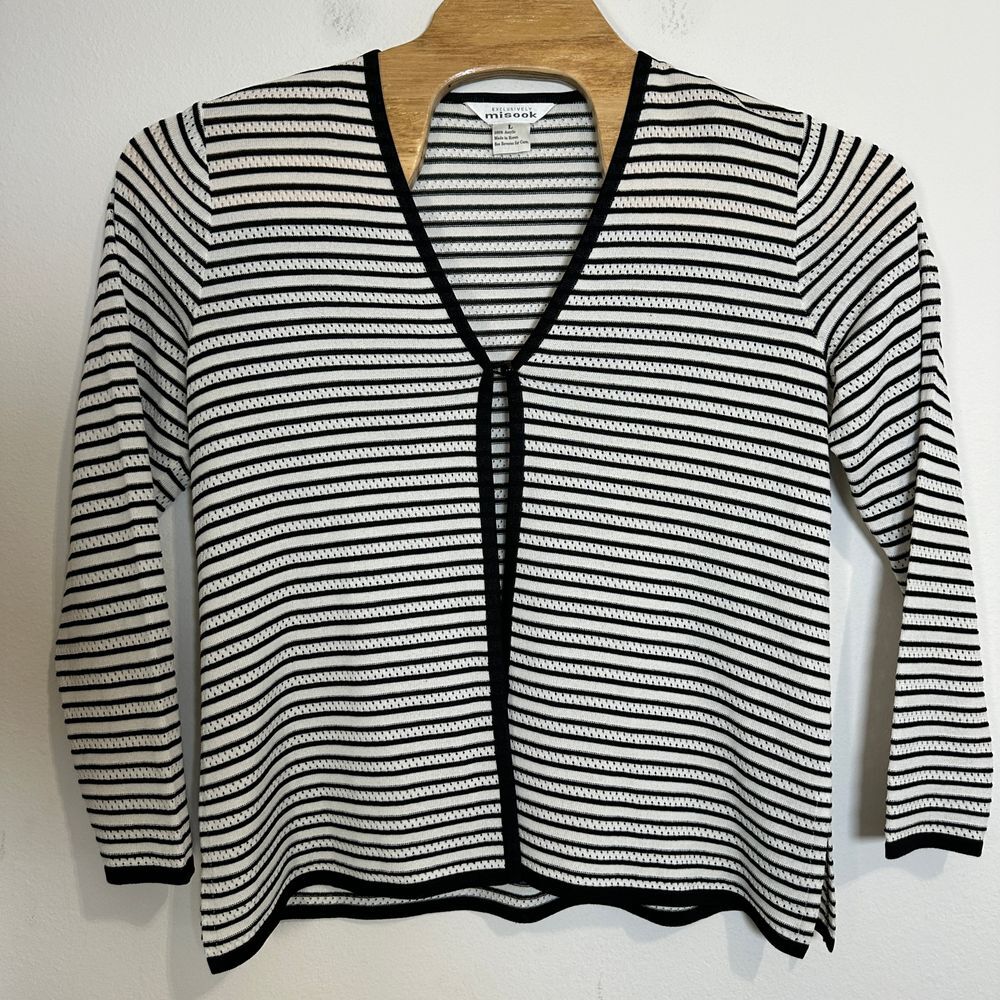 Misook Black White Striped Knit Cardigan Sweater Eyelet Long Sleeve Size L‎